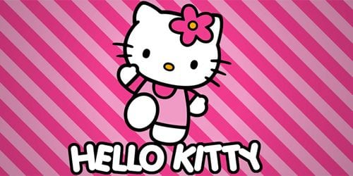 Happily giggling Hello kitty with a red bow, Japanese kawaii